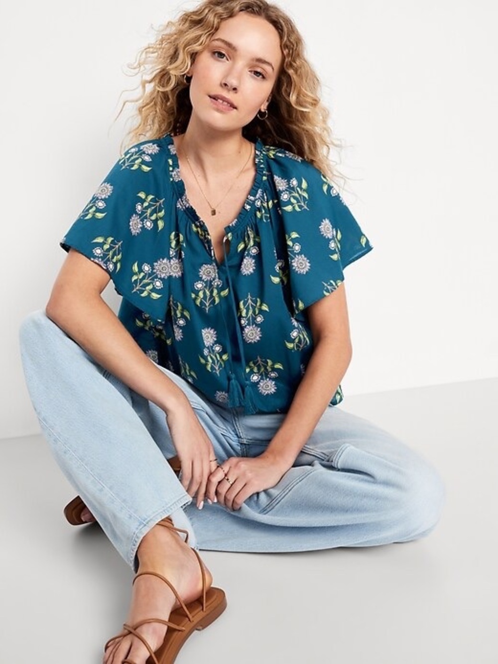 🌸 Old Navy Teal Floral Tassel-Tie Flutter-Sleeve Boho Blouse – Size XL